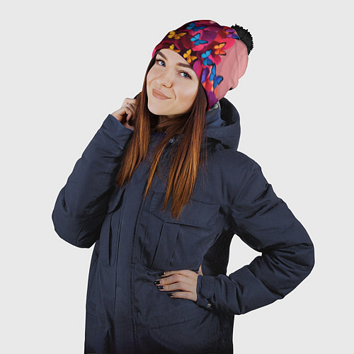 Шапка c помпоном Разноцветные бабочки - розовые цветы / 3D-Черный – фото 2