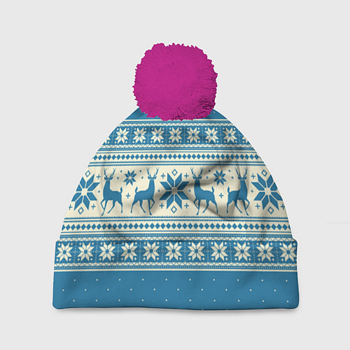 Шапка c помпоном Sweater with deer on a blue background / 3D-Малиновый – фото 1