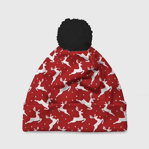 Шапка c помпоном Красный паттерн с новогодними оленями / 3D-Черный – фото 1