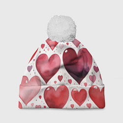 Шапка с помпоном Паттерн акварельные сердечки, цвет: 3D-белый