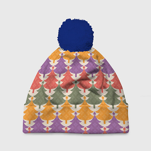 Шапка c помпоном Новогодние разноцветные ёлочки / 3D-Тёмно-синий – фото 1