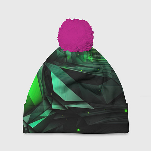 Шапка c помпоном Мир абстрактной зелени / 3D-Малиновый – фото 1