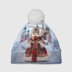 Шапка с помпоном Новогодняя кошечка в пальто, цвет: 3D-белый