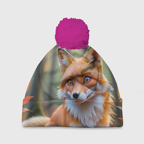 Шапка c помпоном Портрет лисы в осеннем лесу / 3D-Малиновый – фото 1