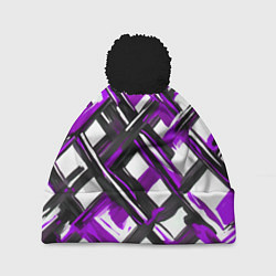 Шапка с помпоном Фиолетовые и чёрные мазки, цвет: 3D-черный