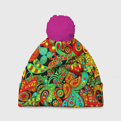Шапка с помпоном Индийский этнический орнамент пейсли, цвет: 3D-малиновый