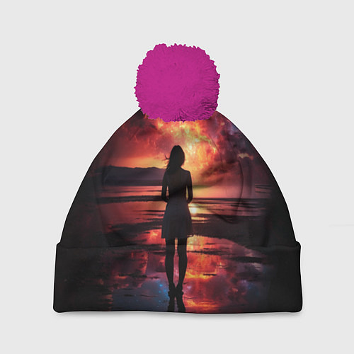 Шапка c помпоном Девушка на закате - космос / 3D-Малиновый – фото 1