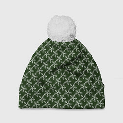 Шапка с помпоном Паттерн снежинки тёмно-зелёный, цвет: 3D-белый