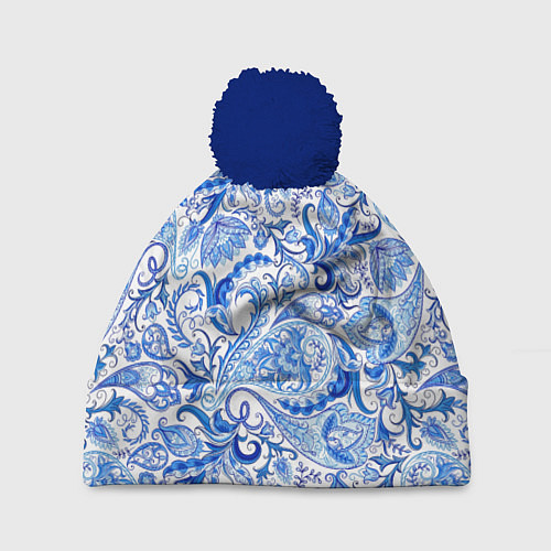 Шапка c помпоном Гжельская роспись на белом фоне / 3D-Тёмно-синий – фото 1