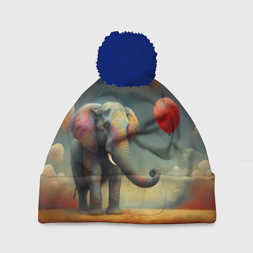 Шапка c помпоном Грустный слон и красный шарик / 3D-Тёмно-синий – фото 1