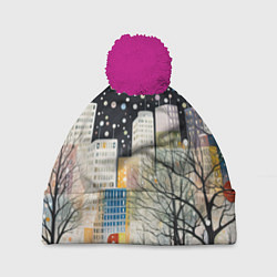 Шапка с помпоном Новогодний ночной город, цвет: 3D-малиновый