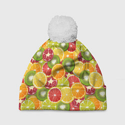 Шапка с помпоном Фон с экзотическими фруктами, цвет: 3D-белый