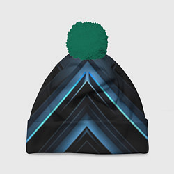 Шапка с помпоном Черная абстракция с синим неоновым ярким свечением, цвет: 3D-зеленый