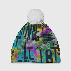 Шапка с помпоном Загадочный абстрактный текст на ярком фоне, цвет: 3D-белый