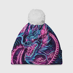 Шапка с помпоном Neon Japanese dragon - irezumi, цвет: 3D-белый