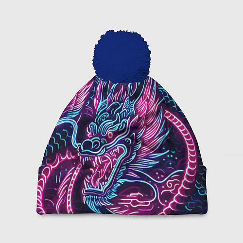 Шапка c помпоном Neon Japanese dragon - irezumi / 3D-Тёмно-синий – фото 1