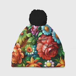 Шапка с помпоном Жостово роспись цветы традиционный узор, цвет: 3D-черный