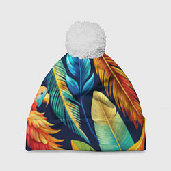 Шапка с помпоном Пёстрые пёрышки попугаев, цвет: 3D-белый