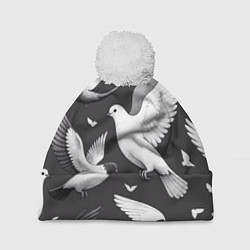 Шапка с помпоном Белые сизые голуби летящие в небе, цвет: 3D-белый