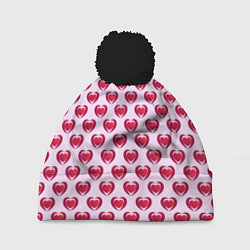 Шапка с помпоном Двойное сердце на розовом фоне, цвет: 3D-черный
