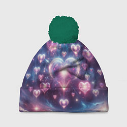Шапка с помпоном Космические сердца - звезды, цвет: 3D-зеленый