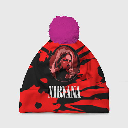 Шапка c помпоном Nirvana красные краски рок бенд / 3D-Малиновый – фото 1