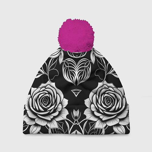 Шапка c помпоном Чёрно белые узоры роза / 3D-Малиновый – фото 1
