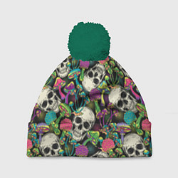 Шапка с помпоном Человеческие черепа с грибами, цвет: 3D-зеленый