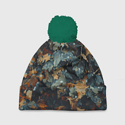 Шапка с помпоном Реалистичный камуфляж из сухих листьев, цвет: 3D-зеленый