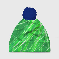 Шапка с помпоном Белые линии на зелёном фоне, цвет: 3D-тёмно-синий