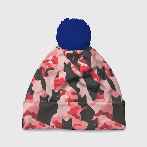Шапка c помпоном Розовый камуфляж из котов / 3D-Тёмно-синий – фото 1