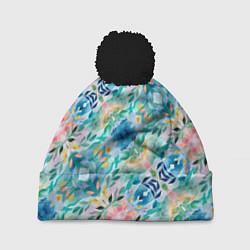 Шапка с помпоном Абстрактные розовые акварельные тюльпаны, цвет: 3D-черный