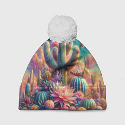 Шапка с помпоном Кактусы цветущие под космическим небом, цвет: 3D-белый