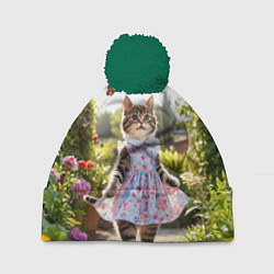 Шапка с помпоном Кошка в летнем платье в саду, цвет: 3D-зеленый