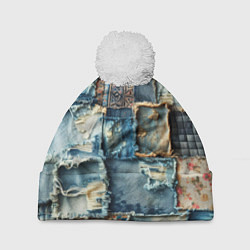 Шапка с помпоном Деним пэчворк-ржавчина, цвет: 3D-белый