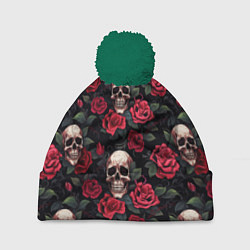 Шапка с помпоном Черепа и алые розы, цвет: 3D-зеленый