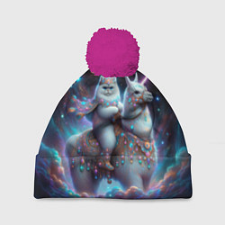 Шапка с помпоном Персидский кот верхом на альпаке, цвет: 3D-малиновый