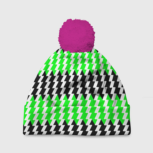 Шапка c помпоном Вертикальные чёрно-зелёные полосы / 3D-Малиновый – фото 1