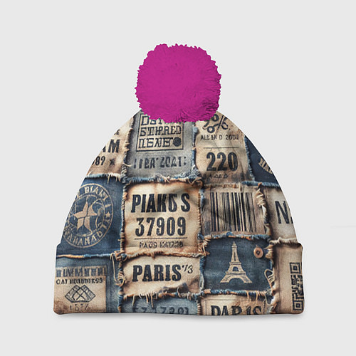 Шапка c помпоном Пэчворк джинсы из Парижа / 3D-Малиновый – фото 1