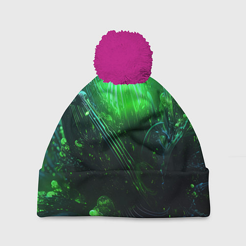 Шапка c помпоном Зеленая кислотная яркая неоновая абстракция / 3D-Малиновый – фото 1