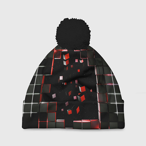Шапка c помпоном Окно в пространство - черно-красные кубы / 3D-Черный – фото 1