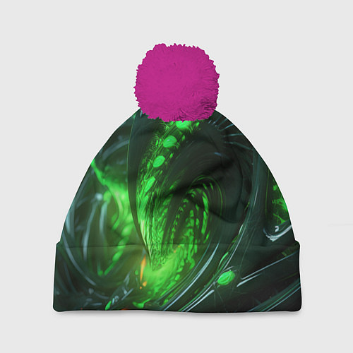 Шапка c помпоном Кислотная зеленая яркая неоновая абстракция / 3D-Малиновый – фото 1