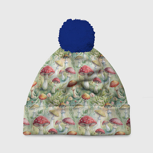 Шапка c помпоном Дикие грибы лесные мухоморы / 3D-Тёмно-синий – фото 1
