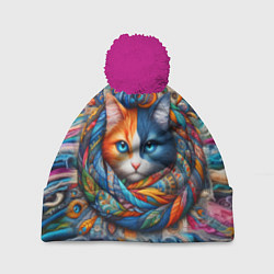 Шапка с помпоном Прикольный котейка в шарфике - нейросеть, цвет: 3D-малиновый