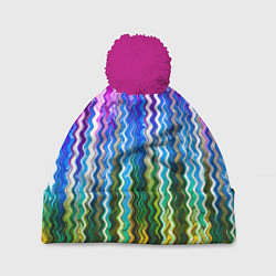 Шапка с помпоном Разноцветные волнистые полосы, цвет: 3D-малиновый