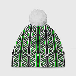 Шапка с помпоном Бело-зелёные треугольники на чёрном фоне, цвет: 3D-белый