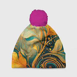 Шапка с помпоном Золотые и бирюзовые листья абстракция, цвет: 3D-малиновый