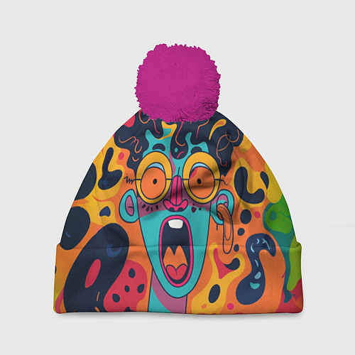 Шапка c помпоном Красочная абстракция с синим кричащим лицом / 3D-Малиновый – фото 1