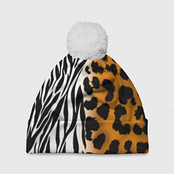 Шапка с помпоном Леопардовые пятна с полосками зебры, цвет: 3D-белый