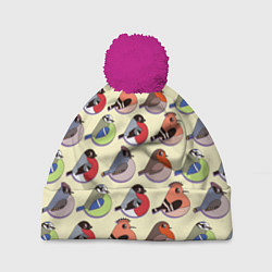 Шапка с помпоном Веселые птички, цвет: 3D-малиновый